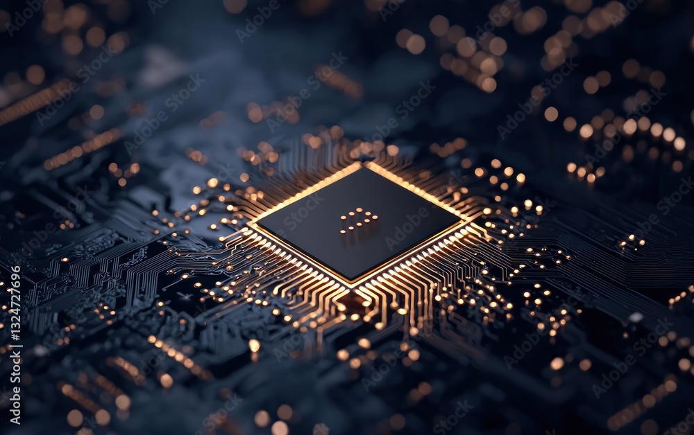 Aufkleber glowing microprocessor chip on dark circuit board