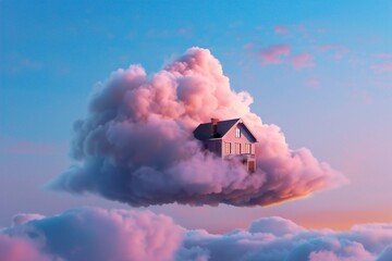 A whimsical scene of a house perched on a fluffy cloud during a colorful sunset, embodying dreams and imagination. Dream of Freedom and Serenity
