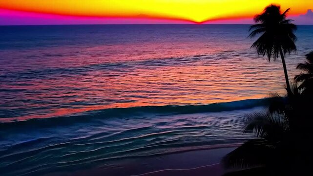 Stunning sunset over the beach, casting warm golden hues on the ocean waves.

