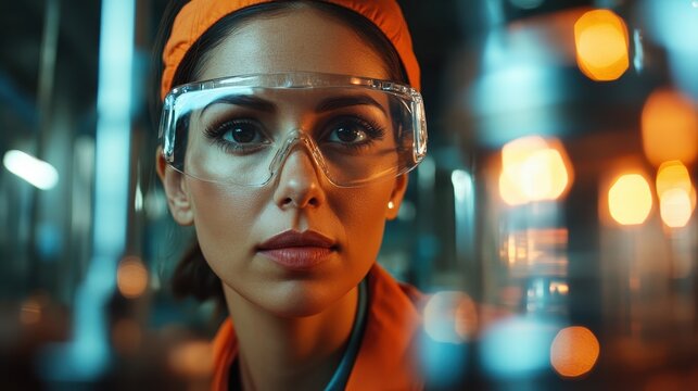A close-up shot of a young female scientist wearing safety glasses and an orange cap, deeply engaged in her work, representing passion and commitment to her field.