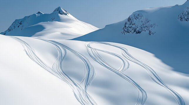 Aerial perspective of ski tracks crisscrossing a white mountain landscape, showing patterns in the snow.