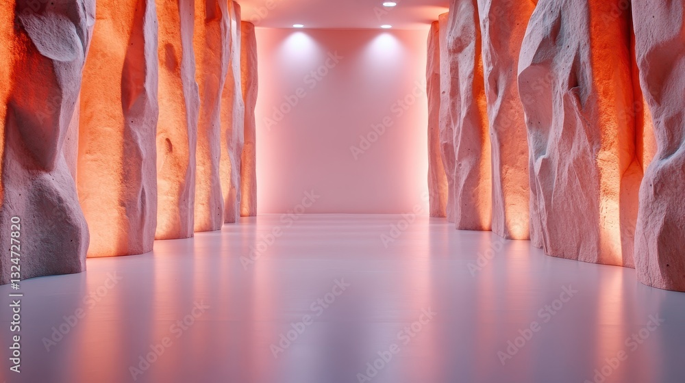 Aufkleber a serene and modern hallway featuring smooth rock walls illuminated by soft lighting, creating a tra