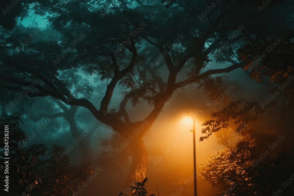 Aufkleber Misty forest at dusk with eerie fog wrapping around twisted trees and a dim lamp illuminating the path ahead