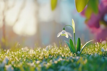 A beautiful snowdrop flower in the grass, a macro photograph with a shallow depth of field