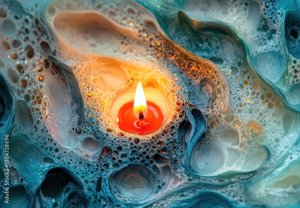 Poster vibrant candle flame surrounded by colorful abstract swirls and bubbles in dynamic fluid background 