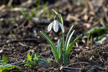 A beautiful snowdrop flower in the grass, a macro photograph with a shallow depth of field