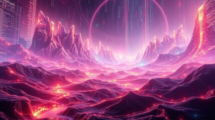 Beautiful landscape on the magenta planet in the style of science future