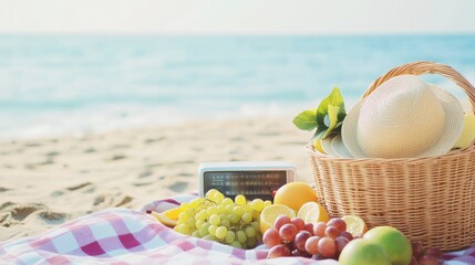 Vintage-inspired beach picnic with a wicker basket, checkered blanket, and fresh fruits, capturing the nostalgic charm of summer in retro tones