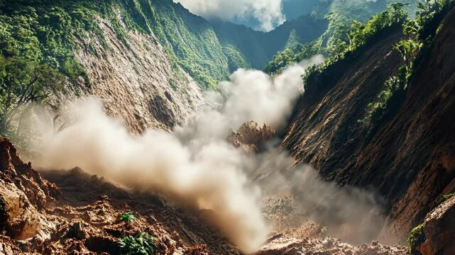 Landslide with rockfall in the mountains. Dust cloud in the air. Concept of natural disaster. Dangerous area with landslide and mudflow threat. Theme of environmental geology.