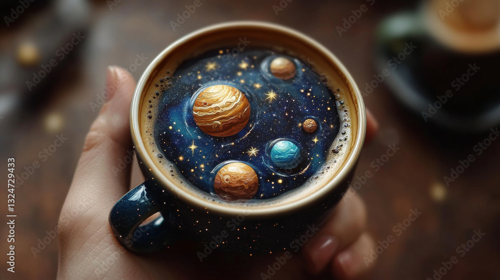 Poster abstract image of a hand holding coffee in the form of a starry sky or space, consisting of points, 