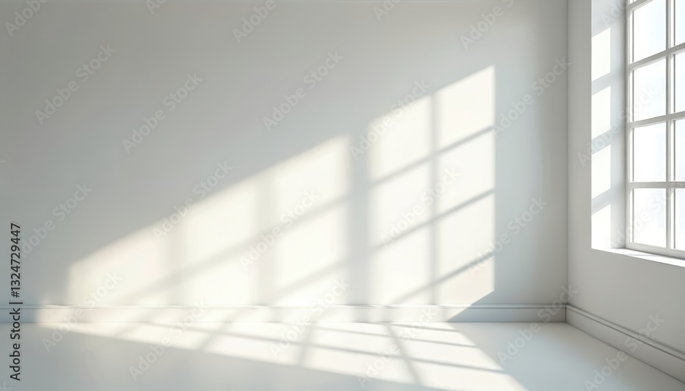 Aufkleber bright empty minimalist interior with sunlight shadows through window creating geometric shapes on w