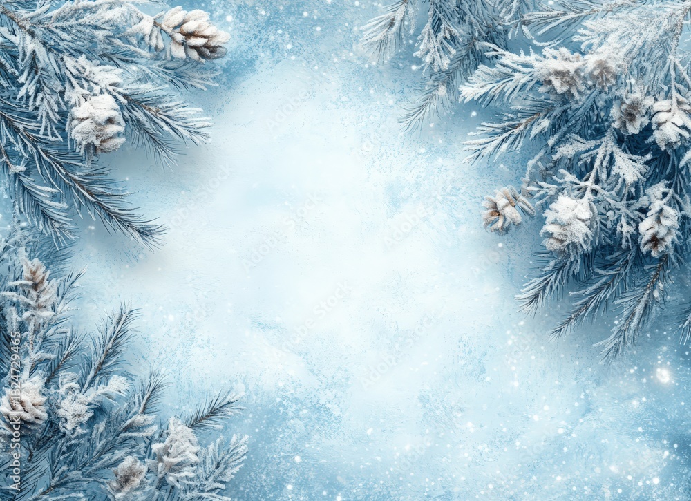 Poster winter background with snowy pine branches and copy space