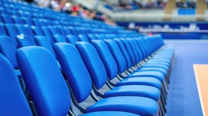 Fototapeta premium A row of empty spectator seats surrounding a championship badminton match area.