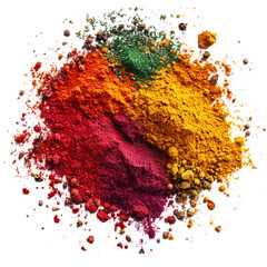 A fusion of colorful spice powders blended artistically, isolated on a white transparent background.
