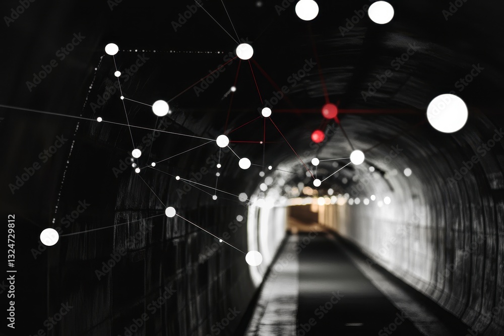Poster network of connections illustrated over tunnel background creating a blend of technology and explora