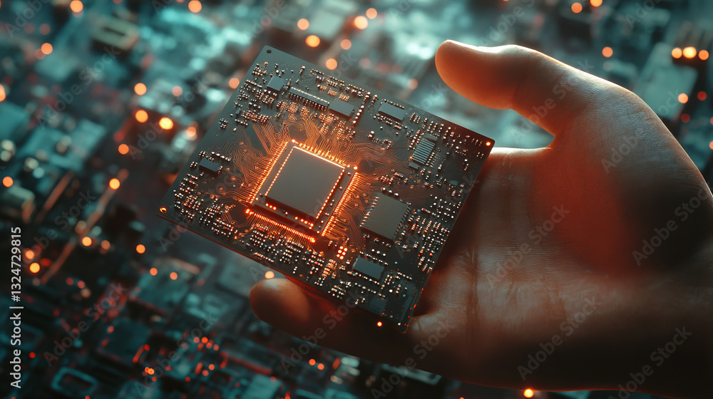 Poster abstract digital semiconductor hologram in technology hand. humanoid hand holding computer chip. ai 