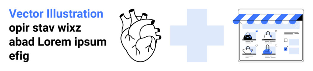 Fototapeta premium Medical heart graphic with cross and online retail storefront. Ideal for healthcare, e-commerce, medical services, online shopping, health technology, telemedicine, digital health platforms. Landing