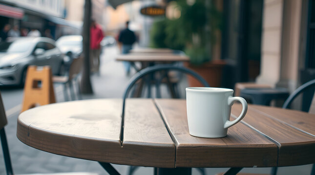 A white ceramic mug placed on a rustic wooden table, with soft shadows and natural lighting for a realistic feel.
