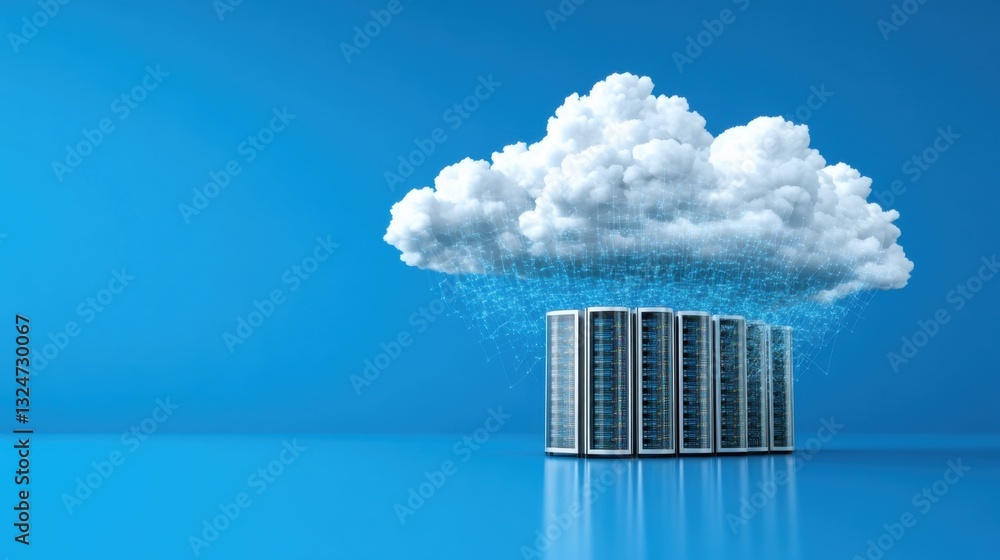 Poster cloud computing shows a white, fluffy cloud hovering above a row of servers against a solid blue bac