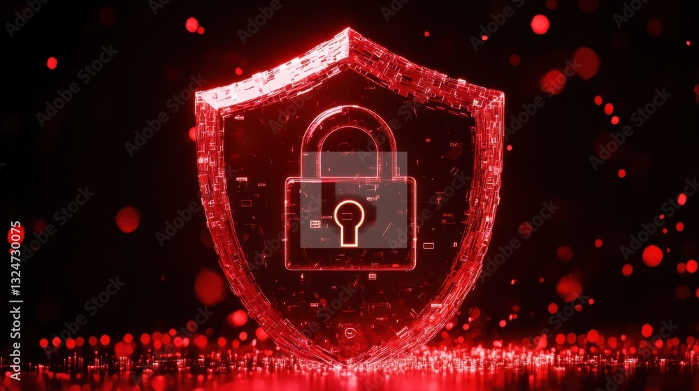 Poster a digital red glowing shield with a padlock icon in the center is set against a dark background with