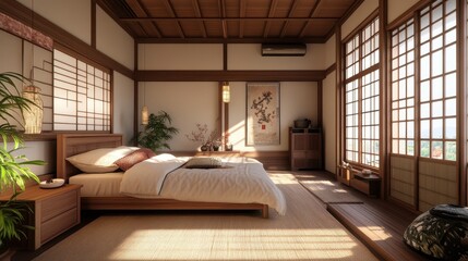 A serene minimalist bedroom with light streaming through windows