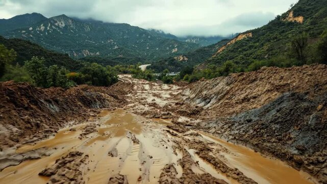 Landslide with rockfall in the mountains. Dust cloud in the air. Concept of natural disaster. Dangerous area with landslide and mudflow threat. Theme of environmental geology.