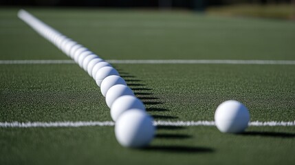 A set of rugby balls neatly arranged on the sidelines of a field.
