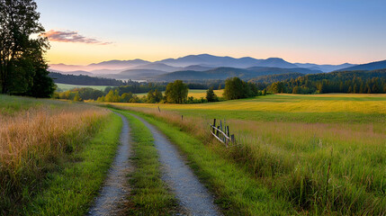Fototapeta premium Scenic Landscape with Dirt Road Through Green Field and Yellow Flowers Under Sunset Sky