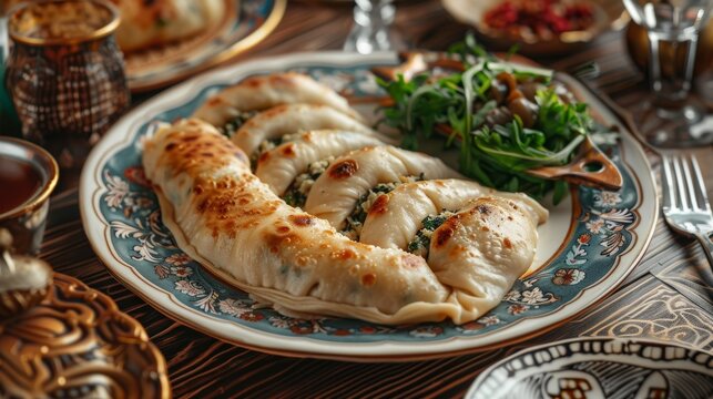 Azerbaijani Cuisine Thin Dough Crescent Dish with Greens on Plate