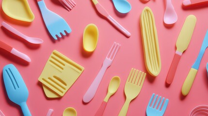 Colorful silicone utensils are arranged in a playful, overlapping abstract pattern.