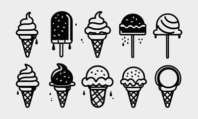 Modern vector-style illustration featuring a set of black and white ice cream icons, easily editable.