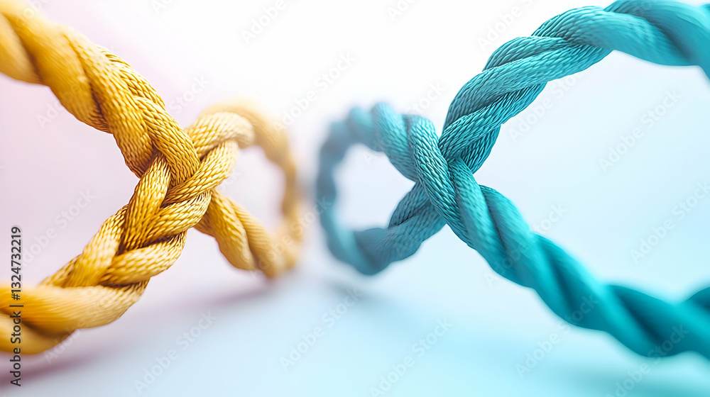 Poster abstract gold and blue twisted ropes interconnected with gradient lighting and white background