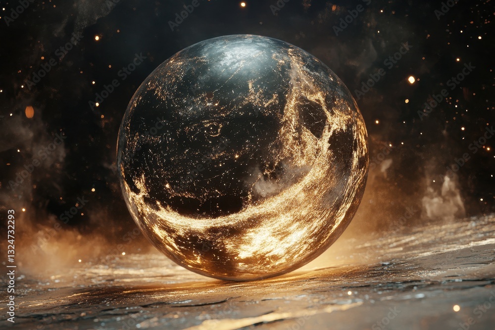 Poster spinning moon sphere representing a galaxy with solar system features in deep space, spinning moon s