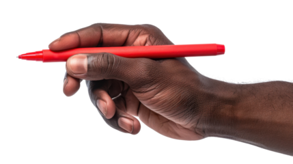 Hand holding red marker pen writing on transparent background