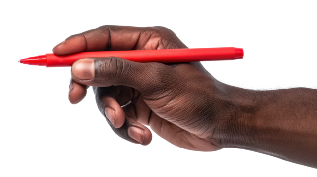 Hand holding red marker pen writing on transparent background