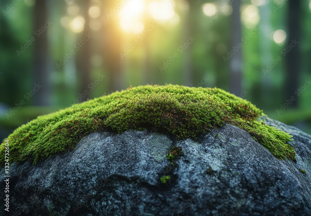 Aufkleber vibrant green moss covering a rock in a sunlit forest setting with soft bokeh background of trees an