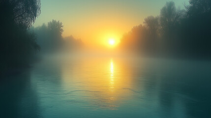 A misty river with the sun rising in the distance, casting a golden glow over the water.