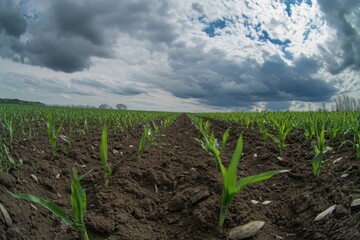 View of a plowed field with young corn sprouts growing in rows, dark brown soil, cloudy sky, distant forest and hills