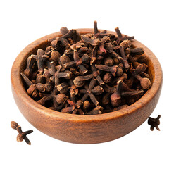 Obraz premium A heap of dried cloves in a rustic wooden dish, isolated on a white transparent background.