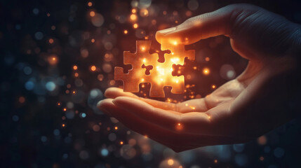 Digital puzzle hologram on a hand. Success solution concept. Abstract jigsaw pieces on technology blue background in futuristic low poly wireframe style. Human palm-holding puzzle. Vector illustration