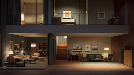Two Story Modern Interior With Minimalist Furniture And Ambient Lighting