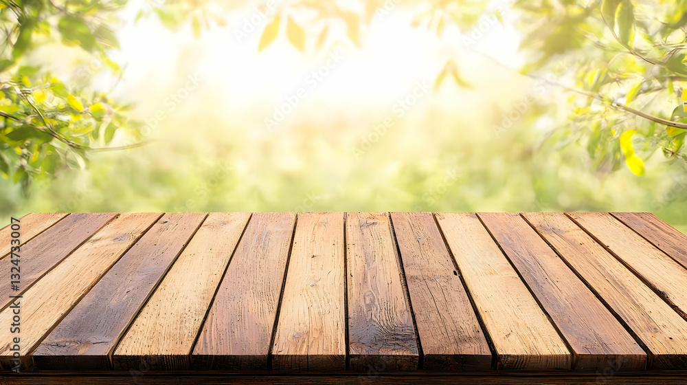 Poster wooden table surface and green nature background with bright sunlight and bokeh effect for product d