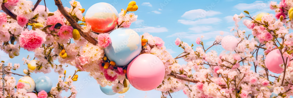 Poster vibrant spring blossoms adorned with colorful eggs create a festive atmosphere in a cheerful outdoor