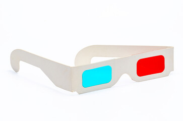 Vintage 3D glasses with red cyan lens on white backdrop