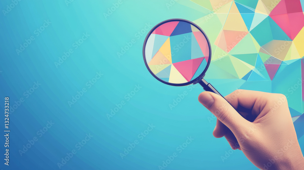 Poster abstract magnifier on hand polygonal, geometry triangle. light connection structure. low poly vector