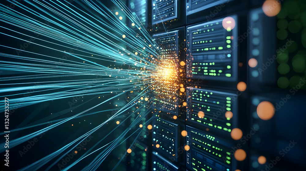 Aufkleber dynamic data stream in a modern data center with glowing blue and green lights