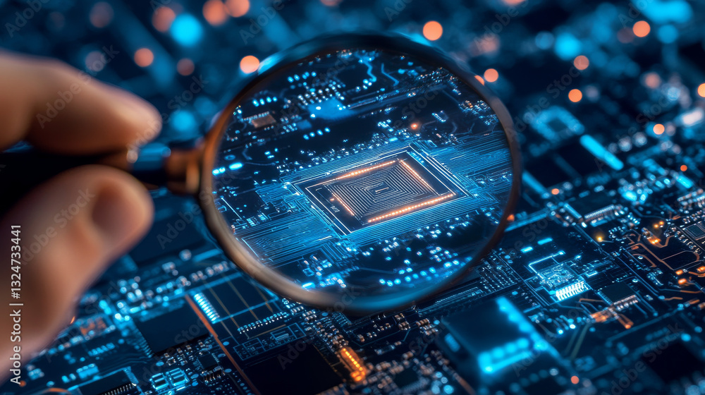 Aufkleber magnifying glass in a hand and ai chip with circuit light thin lines on dark blue background. cpu se