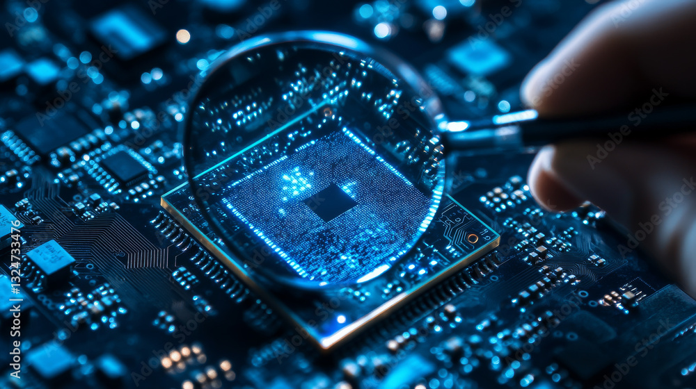 Aufkleber magnifying glass in a hand and ai chip with circuit light thin lines on dark blue background. cpu se