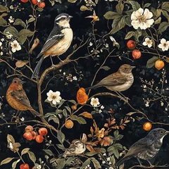 Spring seamless pattern with flowers and birds on a dark background.