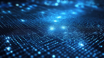 Futuristic grid design featuring holographic effects in blue and silver with a glowing node and space for text